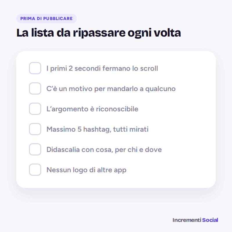 Animazione: lista di controllo prima di pubblicare un contenuto su Instagram, con le voci che si spuntano una alla volta